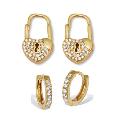 Palm Beach Jewelry Round Crystal Goldtone Heart Lock And Hoop Earrings, 2-pair Set In White