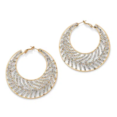 Palm Beach Jewelry Round Crystal Goldtone Leaf Hoop Earrings 2 1/3" In White