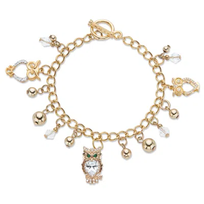 Palm Beach Jewelry Round Crystal Goldtone Owl Charm Beaded Toggle Bracelet 7.5" In White