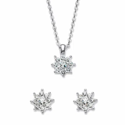 Palm Beach Jewelry Round Crystal Silvertone Flower Stud Earring And Pendant Necklace Set 18" In White