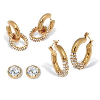 Palm Beach Jewelry Round Crystal Yellow Gold Ion-plated Stainless Steel Earrings, 3-pair Set In White
