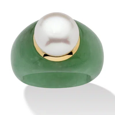 Palm Beach Jewelry Round Cultured Freshwater Pearl Green Jade 10k Yellow Gold Ring In White