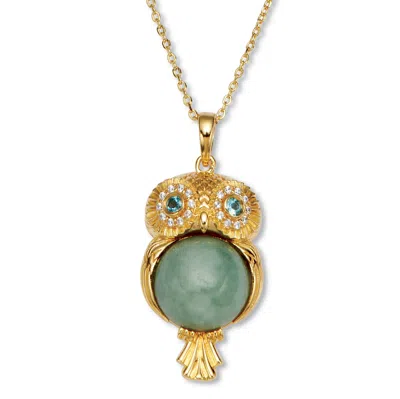 Palm Beach Jewelry Round Cut Genuine Green Jade 18k Gold-plated Owl Pendant Necklace, 18 Inches