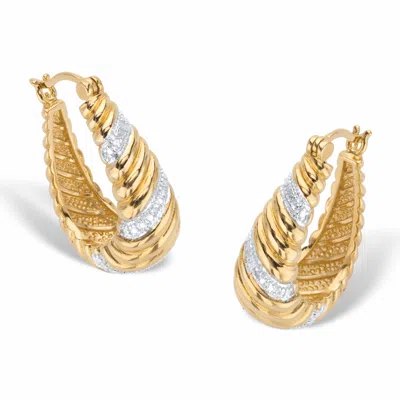 Palm Beach Jewelry Round Diamond Accent Two-tone Gold-plated Banded Oval Hoop Earrings 1 1/8" In White