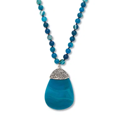 Palm Beach Jewelry Round Genuine Blue Agate Crystal Accented Silvertone Drop Necklace 34 Inch