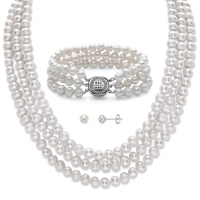 Palm Beach Jewelry Round Genuine Cultured Pearl .925 Silver Earring, Necklace And Bracelet Set 18"