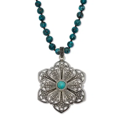 Palm Beach Jewelry Round Genuine Jasper And Simulated Turquoise Silvertone Flower Necklace 34-inch In Multi