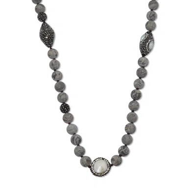 Palm Beach Jewelry Round Genuine Pearl And Jasper Silvertone Beaded Necklace 34-inch