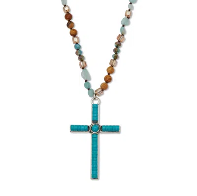 Palm Beach Jewelry Round Genuine Turquoise Silvertone Beaded Cross Necklace 34-inch In Blue