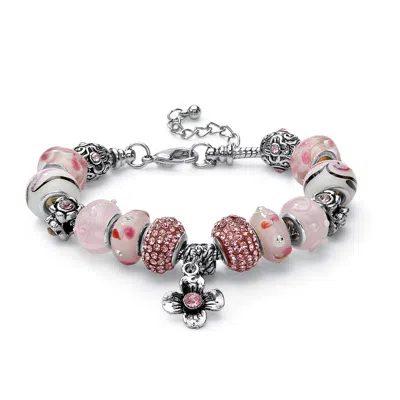 Palm Beach Jewelry Round Pink Crystal Silvertone Bali-style Beaded Charm And Spacer Bracelet 8"