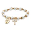 Palm Beach Jewelry Round Simulated Pearl And Beaded Religious Stretch Bracelet In Goldtone 7"