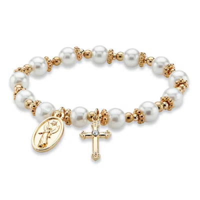 Palm Beach Jewelry Round Simulated Pearl And Beaded Religious Stretch Bracelet In Goldtone 7" In White