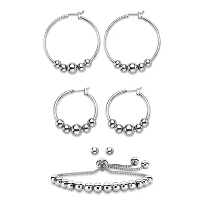 Palm Beach Jewelry Silvertone 4-piece Beaded Textured Earrings And Adjustable Slider Bracelet Set