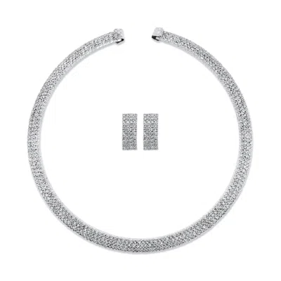 Palm Beach Jewelry Silvertone Crystal Princess-cut Drop Earring And Open Collar Necklace Set 13" In White