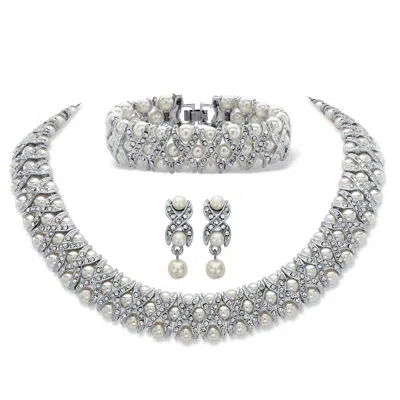 Palm Beach Jewelry Silvertone Simulated Pearl And Crystal 3-piece "x & O" Set 18"
