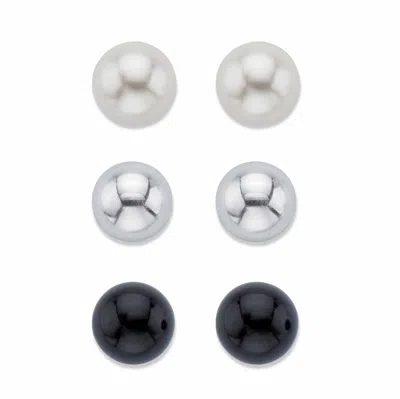 Palm Beach Jewelry Silvertone, Simulated Pearl And Onyx Silvertone Stud Earring Set (10mm) In White