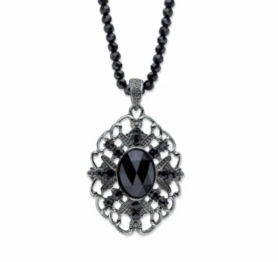 Palm Beach Jewelry Simulated Black Onyx Black Ruthenium-plated Beaded Filigree Necklace 15"