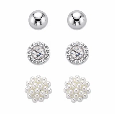 Palm Beach Jewelry Simulated Pearl And Crystal Silvertone 3-pair Cluster Ball And Stud Earring Set In White