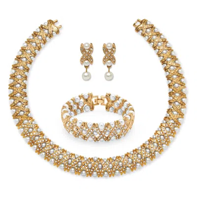 Palm Beach Jewelry Simulated Pearl And Crystal Three-piece Jewelry Set In Yellow Goldtone