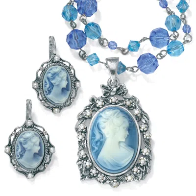 Palm Beach Jewelry Simulated Pearl And Lucite Cameo 2-piece Set In Antiqued Silvertone In Blue
