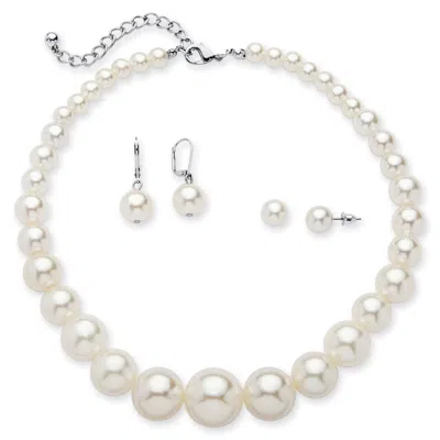 Palm Beach Jewelry Simulated Pearl Silvertone Necklace And 2-pair Earrings Set