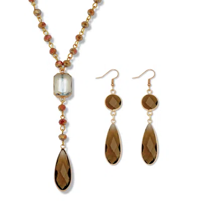Palm Beach Jewelry Smoky Crystal Goldtone Drop Necklace And Crystal Earrings 2-piece Set In Brown