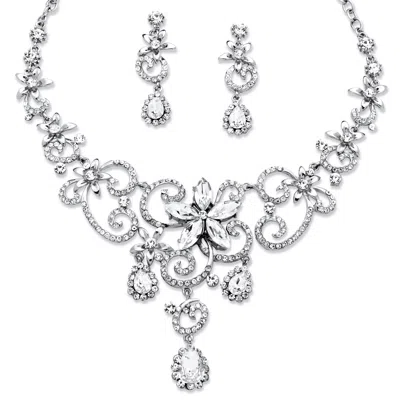 Palm Beach Jewelry Swirl And Flower Crystal Necklace And Earrings 2-piece Set Platinum-plated