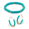Palm Beach Jewelry Teal Disc Bead Goldtone Hoop Earrings And Stackable Stretch Bracelet Set In Yellow