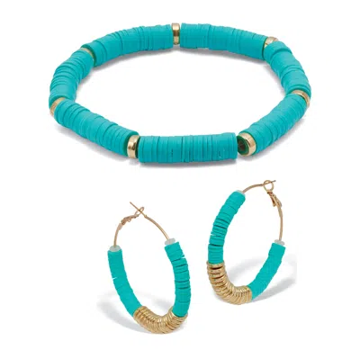 Palm Beach Jewelry Teal Disc Bead Goldtone Hoop Earrings And Stackable Stretch Bracelet Set In Yellow