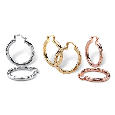 Palm Beach Jewelry Tri-tone 3-pair Set Of Goldtone, Rose Tone And Silvertone Hoop Earrings 1.25" In Yellow