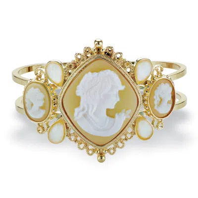 Palm Beach Jewelry Vintage-style Cameo Hinged Bangle Bracelet In Yellow Goldtone 7.5" In Pink