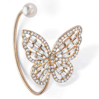 Palm Beach Jewelry White Baguette Crystal & Simulated Pearl Butterfly Bangle Bracelet Goldtone