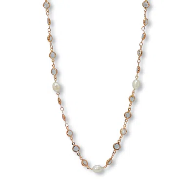 Palm Beach Jewelry White Crystal And Pearl Gold Ion-plated Stainless Steel Long Necklace, 40 Inches