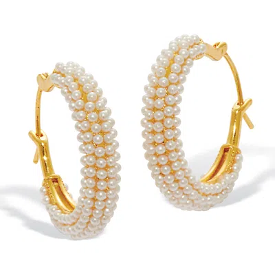 Palm Beach Jewelry White Round Simulated Pave-style Pearl Goldtone Hoop Earrings