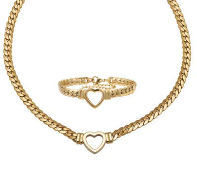 Palm Beach Jewelry Yellow Gold Ion-plated Stainless Steel Heart Bracelet And Necklace 16 Inch