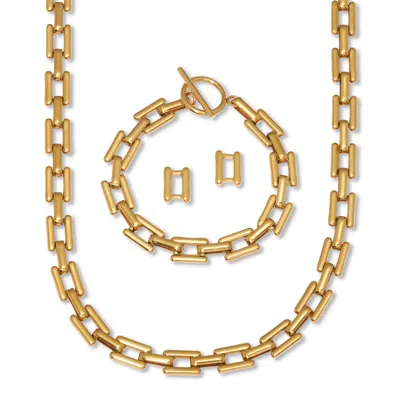 Palm Beach Jewelry Yellow Gold Ion-plated Stainless Steel Square Link Jewelry 3-piece Set