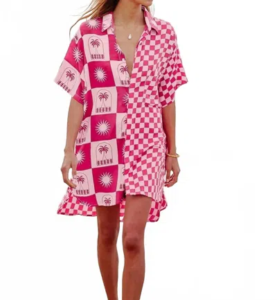 Palm Collective Palma Checkerboard Shirt Mini Dress In Pink