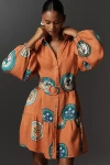 Palm Noosa Austin Orange Plates Flounce Linen Mini Dress