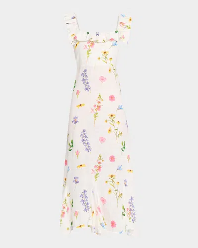 Palm Noosa Gia Ruffle Floral-print Linen Midi Dress In Wildflowers