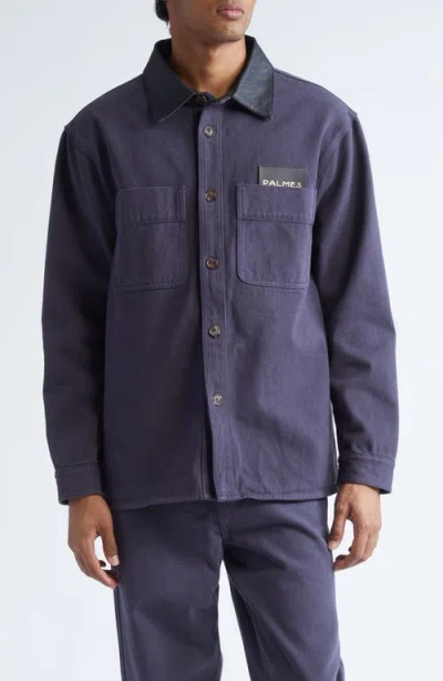 Palmes Leather Collar Twill Overshirt In Blue