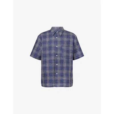 Palmes Mens Blue Checked Short-sleeve Cotton And Linen-blend Shirt