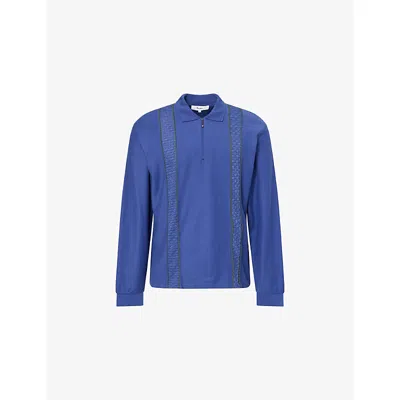 Palmes Mens Blue Lace-trim Long-sleeve Cotton Polo Top