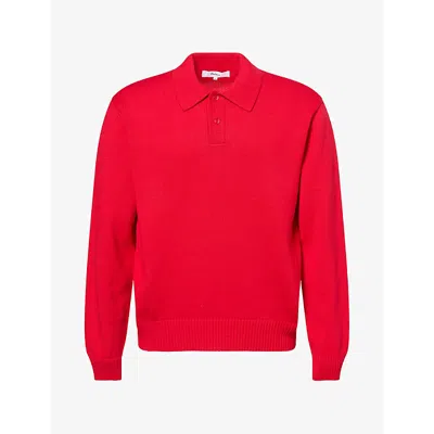 Palmes Mens Long-sleeve Cotton Knit Polo Shirt Red