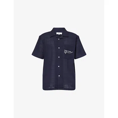 Palmes Mens Navy Embroidered-log Semi-sheer Cotton Shirt In Blue