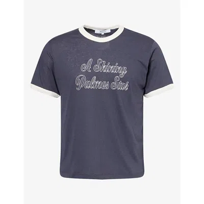 Palmes Mens  Slogan-embroidered Cotton-blend T-shirt In Navy