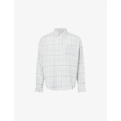 Palmes Mens Sky Blue Checked Wrinkle Cotton And Linen-blend Shirt