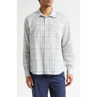Palmes Plaid Wrinkle Stretch Cotton & Linen Button-up Shirt In White