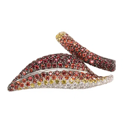 Pre-owned Palmiero . Anello Foglia In Oro Bianco 18k, Zaffiri Multicolor E Diamanti. Italy