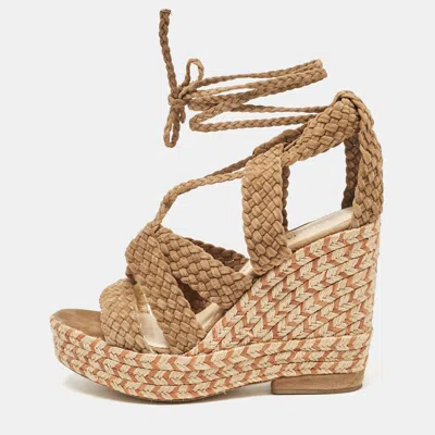 Pre-owned Paloma Barceló Brown Woven Suede Ankle Wrap Espadrille Wedge Sandals Size 38