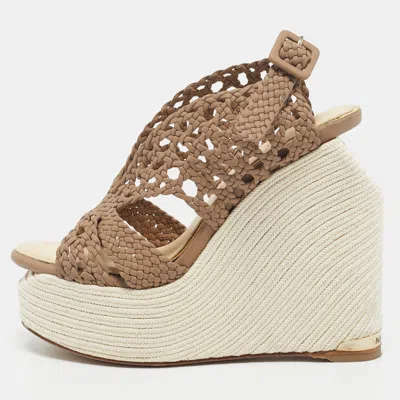 Pre-owned Paloma Barceló Brown Woven Leather Wedge Sandals Size 35